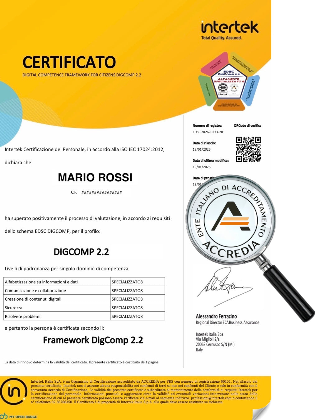 Certificazione DigComp 2.2 accreditata ACCREDIA, rilasciata da INTERTEK Italia