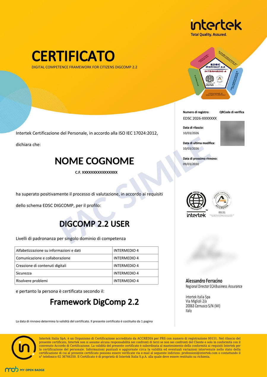 Fac simile del certificato di Alfabetizzazione Digitale