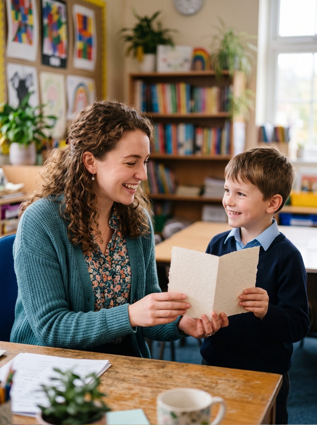 Insegnante sorridente con un alunno in classe